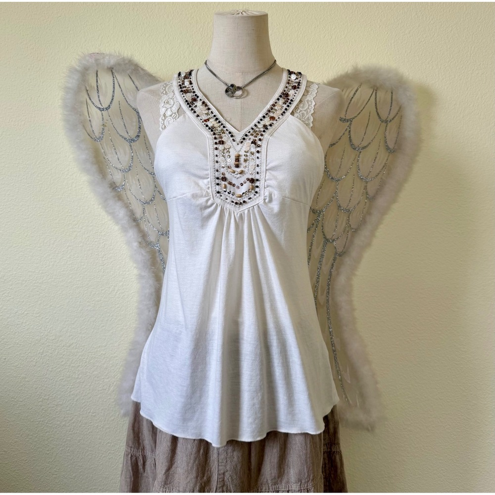Boho Y2K 2000s Beaded Embellished Babydoll Cami Top White Sleeveless Feminine